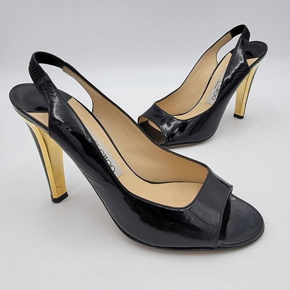 Jimmy Choo Patent Leather Open Toe Slingback Heels  37.5 - Picture 1 of 9